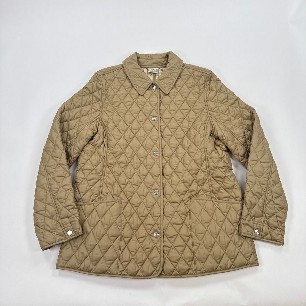 LL Bean Womens Quilted Jacket Large Tan Plaid Lining Snap Front Barn Coat
